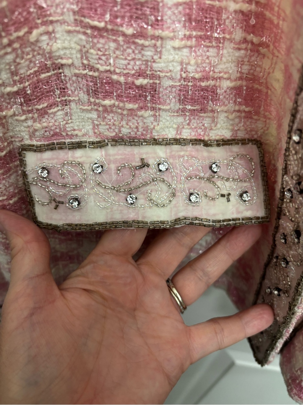 Berek by Takako Sakon Pink/Cream Tweed Plaid Embellished Vintage Lace Jacket - Picture 9 of 10